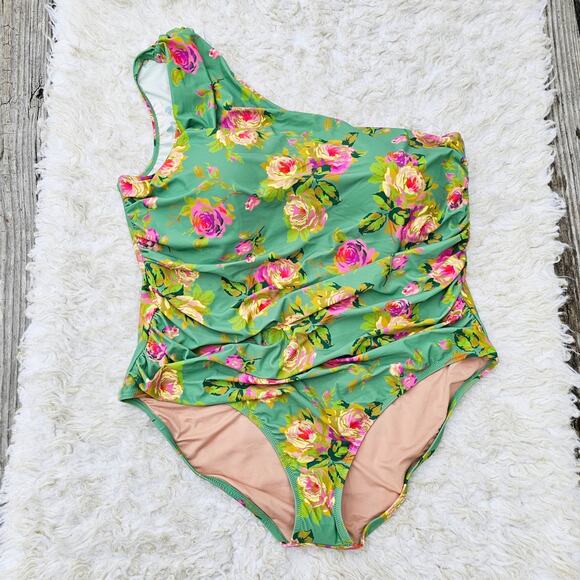 Plus Size JCrew One Shoulder Swimsuit Plus Size 22 Green Pink Floral Print NWT - Picture 10 of 10